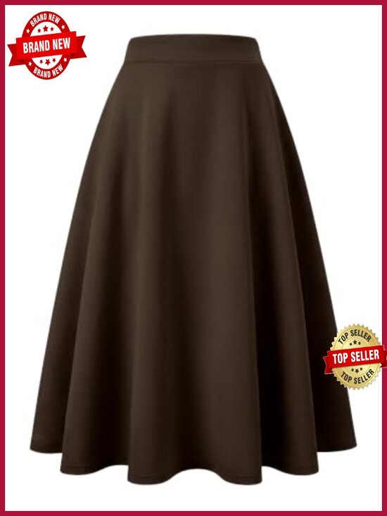Dresses & Skirts - A-Line Elastic High Waist Midi Skirt with Pockets, Wrinkle Free Long Skirt,